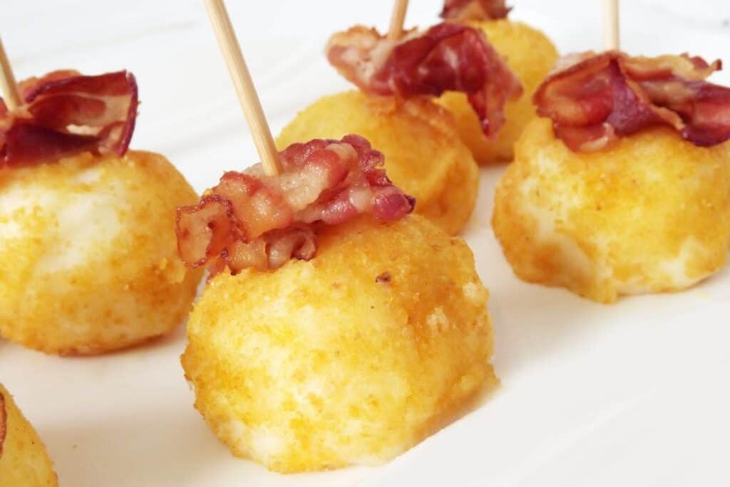 A prepared meal on skewers.