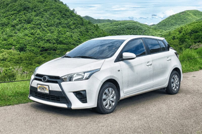 White compact car parked on a gravel path with lush tropical surroundings.